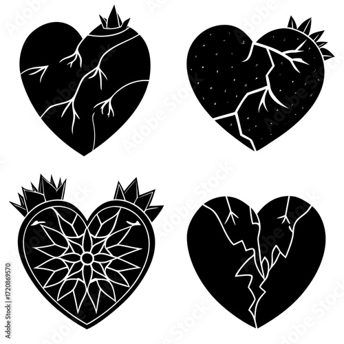 Vector art of four black heart illustrations, each with a unique design