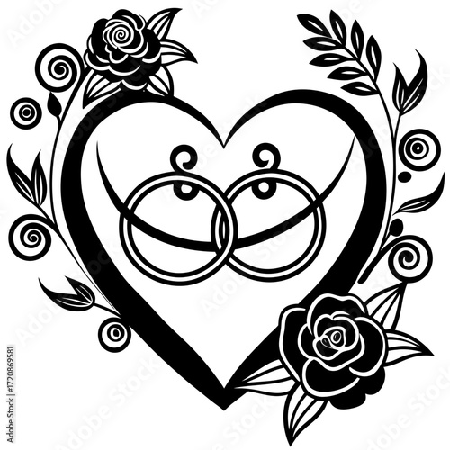 Vector art of a heart shape adorned with roses, leaves, and swirls, symbolizing love and commitment