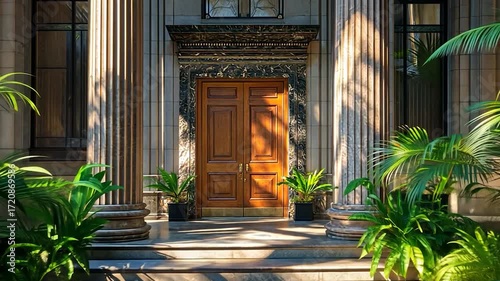 Grand Entrance With Large Wooden Doors and Lush Green Plants.