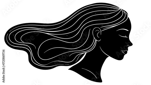 Vector art of a black silhouette of a womans profile with long, flowing hair