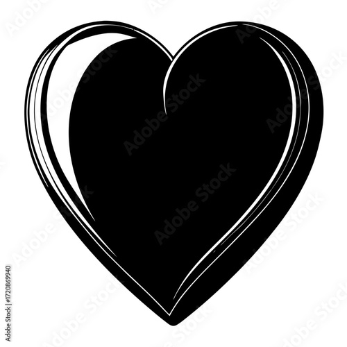 Vector art of a solid black heart shape with a subtle white outline and highlight, isolated on a, conveying love and a classic romantic symbol