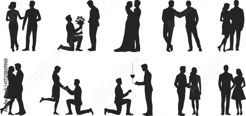Romantic couple silhouettes proposing, hugging, walking, holding hands, love and relationships, wedding moment, proposal pose, emotional connection, affection