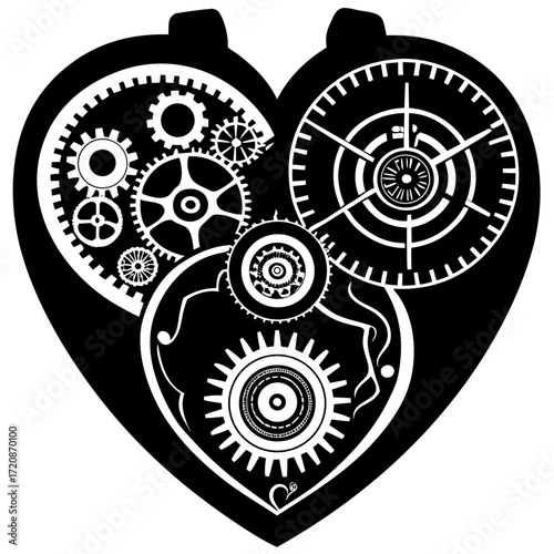 Vector art of steampunk heart made of gears and clockwork, black and white illustration