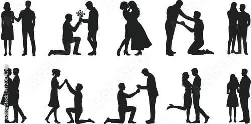 Romantic couple silhouettes, love proposal, engagement moments, wedding romance, holding hands, kissing couples, affectionate poses, romantic gestures, relationships,