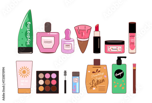 Set vector illustration of different beauty cosmetic products, including other beauty cosmetics tools such as brushes, lipsticks, shampoos, mascaras, and perfumes. Some come in tubes, bottle, jar