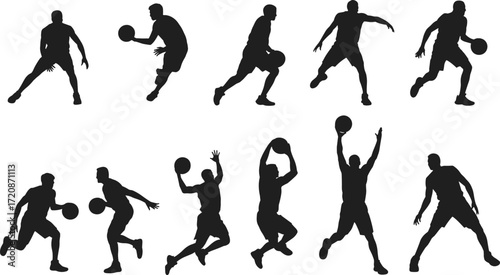 Silhouette of basketball players in action, dribbling, dunking, shooting, jumping, running, isolated vector sports icons for game design.
