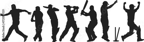 Silhouette of cricket players in action, batting, bowling, fielding, celebrating, sportsmen in motion, cricket match pose, vector illustration.