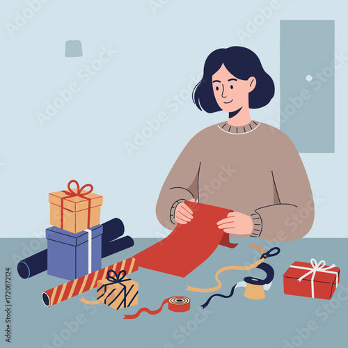 Vector Illustration of Woman Wrapping Gifts in Modern Minimalist Style with Bright Colors for Holiday Packaging
