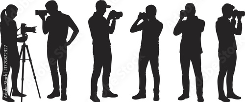 Silhouette of photographers using cameras, camera on tripod, photography scene, taking pictures, digital camera, professional shoot, teamwork setup