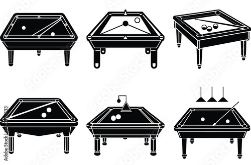 Black and white illustrations of billiard tables with balls and cues pool game