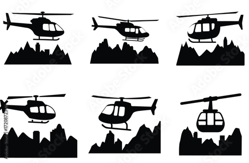 Black Silhouette Icons of Helicopters and Cable Car Above Cityscapes and Mountains Keywords: helicopter, silhouette, icon, transportation, travel, aviation, aircraft, transport