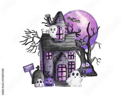 Enchanted Halloween House Spooky Night Illustration