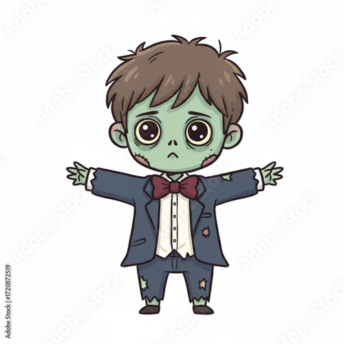 A cute cartoon zombie boy in a tattered formal suit with a red bowtie, an adorable and spooky character illustration perfect for Halloween events