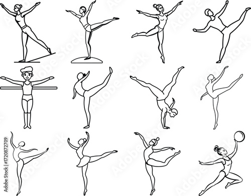Dynamic gymnastics poses line art collection for sports design