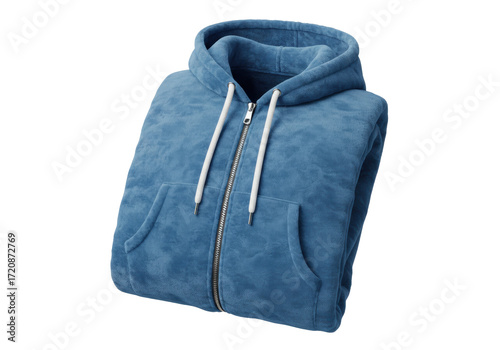Isolated Folded Blue Hoodie, Casual Sweatshirt With Full Zipper And Drawstrings, No People