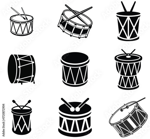 Collection of nine black and white drum illustrations with various styles and drumsticks Keywords: drum, percussion, musical instrument, rhythm, beat, sound, music, drummer