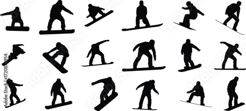 Silhouette of snowboarders performing tricks and jumps, winter sports action, extreme snowboarding, snowboarding silhouettes, outdoor winter adventure.