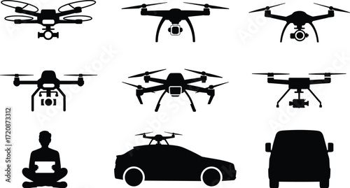 Silhouette Set of Drones, Drone Operator, Delivery Van, Drone Car Integration, UAV Technology, Aerial Photography Equipment, Transport Innovation Icons