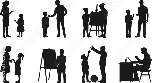Silhouettes of adult teaching child, learning, education, interaction, communication, classroom, kids, student engagement, parent, teacher, creativity, art, child development, school learning.