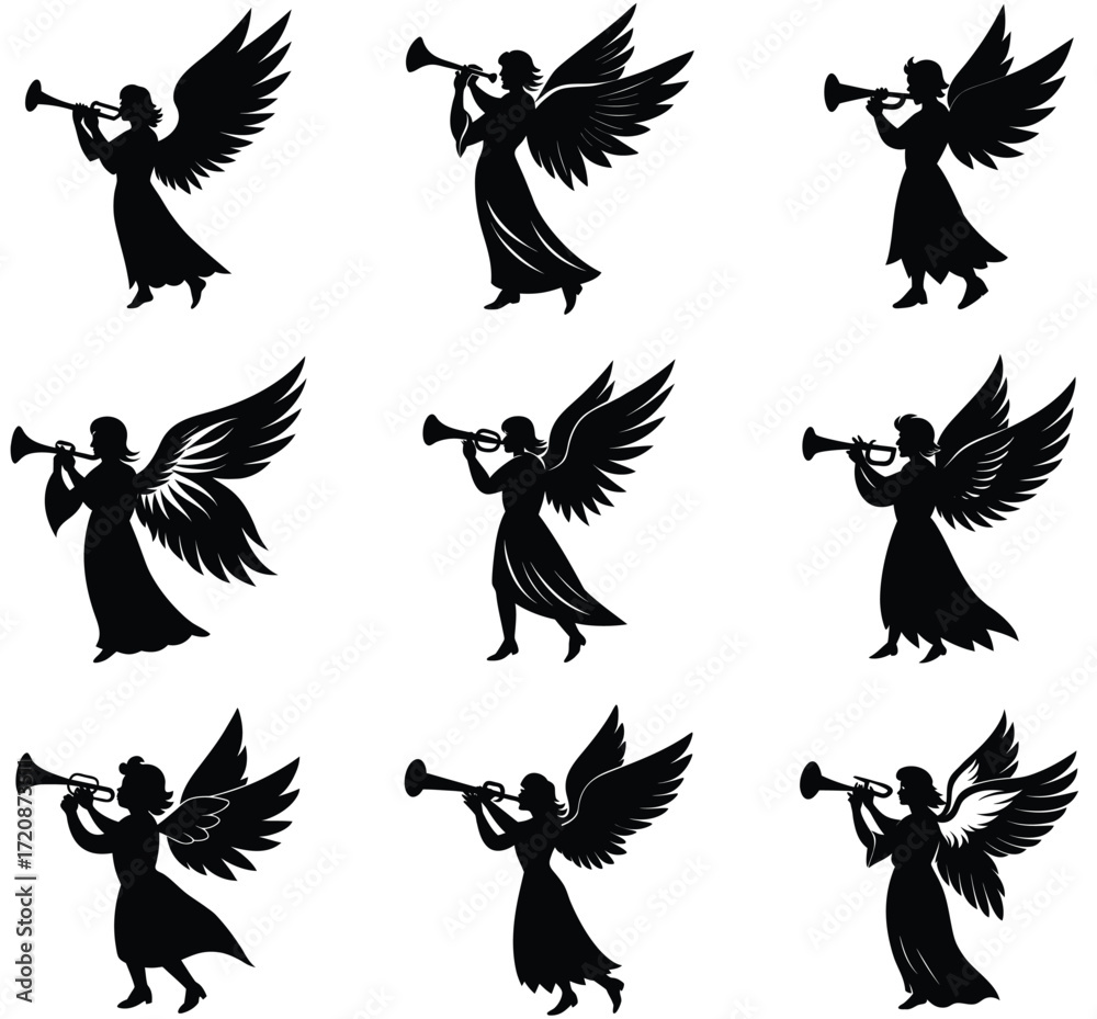 Fototapeta premium Nine black silhouette illustrations of angels playing trumpets with large feathered wings on a white background