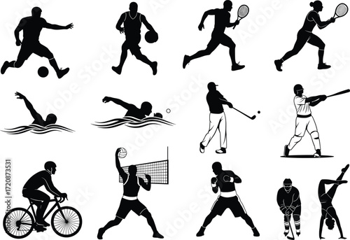 Silhouettes of athletes playing soccer, basketball, tennis, swimming, golf, baseball, cycling, volleyball, boxing, hockey, gymnastics, fitness, sports, action, competition, exercise, team, energy