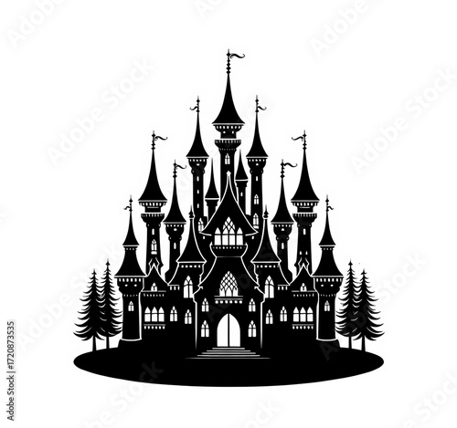 Ornate fantasy kingdom palace silhouette with high spires. Magical gothic castle vector graphic icon