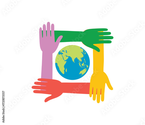 Diverse hands forming a square around Earth. Symbolizing global unity, equality, and multicultural collaboration. Social awareness, inclusivity, human rights, and international solidarity.