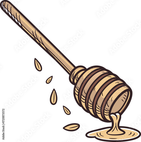 Realistic honey dipper icon with wooden texture and shiny honey drip.