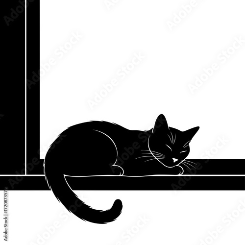 Minimalist black and white graphic of a domestic cat napping on a cozy windowsill