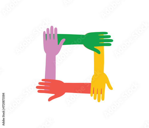 Diverse hands forming a square. Symbolizing global unity, equality, and multicultural collaboration. Social awareness, inclusivity, human rights, and international solidarity.
