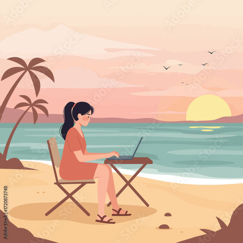 Minimalist Vector Illustration of Woman Using Laptop on Beach at Sunset in Warm Pastel Colors