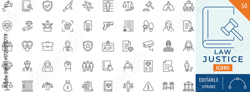 Law and justice icon collection set. Editable stroke.
