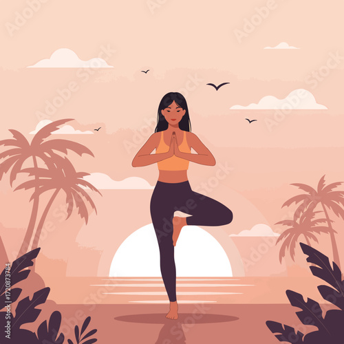 Minimalist Vector Illustration of Woman Practicing Yoga in Sunset Scene with Palm Trees and Birds in Warm Colors
