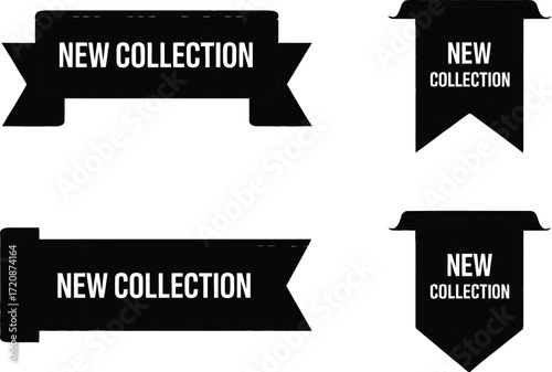 Modern black banners and tags announcing a new collection