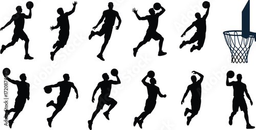 Silhouettes of basketball players jumping, dribbling, shooting, dunking, in action, with basketball hoop, athletic movement, sport, teamwork, energy, fitness