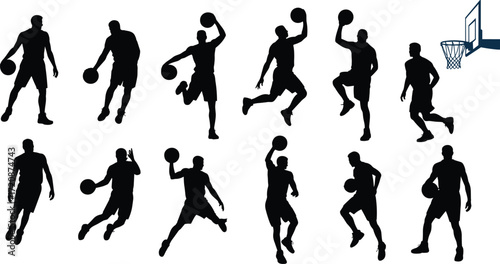Silhouettes of basketball players dribbling, shooting, dunking, passing, jumping near hoop, basketball game, athletic, sport, teamwork, action, fitness
