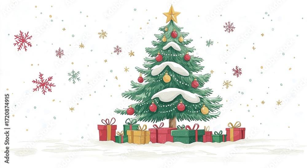 Obraz premium Watercolor Illustration of Christmas Scene with Snowy Tree, Red Gold Baubles and Colorful Gift Boxes on White Background