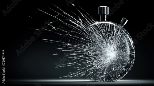 Shattered stopwatch glass burst time concept dark background dramatic light speed idea frozen motion minimal still life sharp shards kinetic energy. Shattered stopwatch with glass burst dark