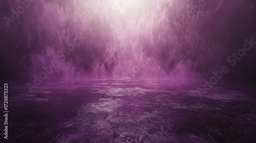 Mysterious purple gradient smoke rises slowly across textured surface, creating ethereal and atmospheric scene. light above adds dramatic effect to composition