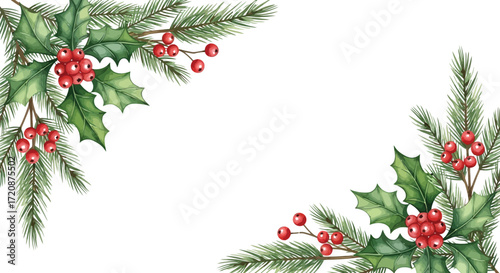 Festive evergreen branches adorned with bright red holly berries create a charming seasonal border.