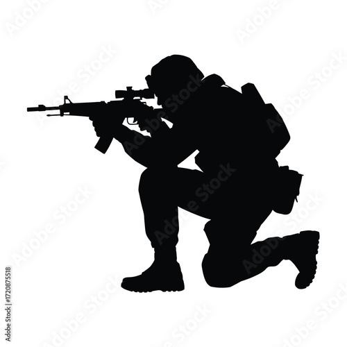 Silhouette of a soldier aiming a rifle in a crouching position
