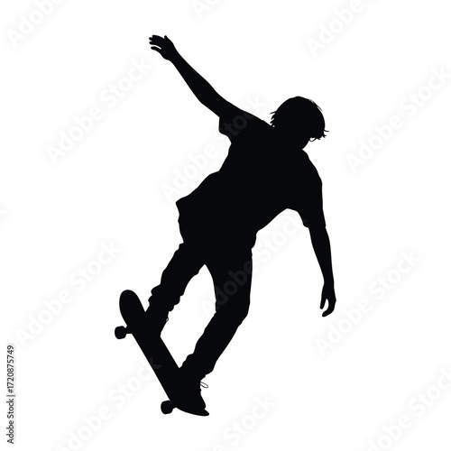 Silhouette of a skateboarder performing a trick against a white background
