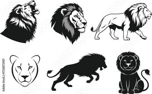 Lion illustration set, stylized lion graphics, abstract and realistic lion poses, animal vector art, big cat design, roaring lion clipart