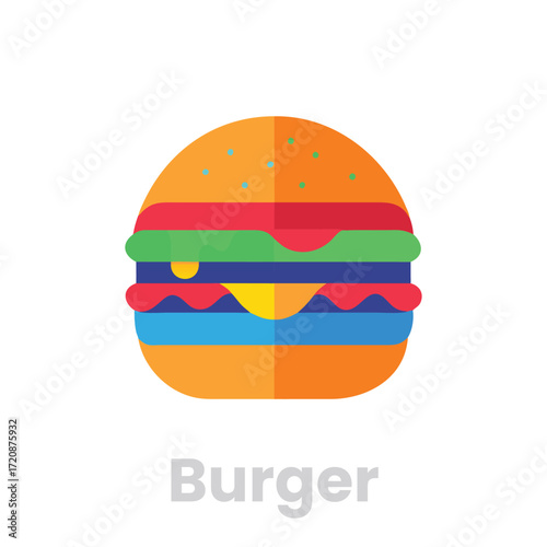 Colorful burger icon , a classic fast food item with layers of bun, patty, cheese, lettuce, and tomato, perfect for a quick meal