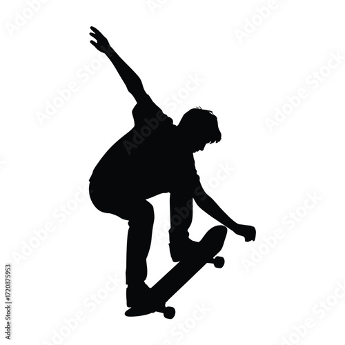 Silhouette of a skateboarder performing a trick against a white background