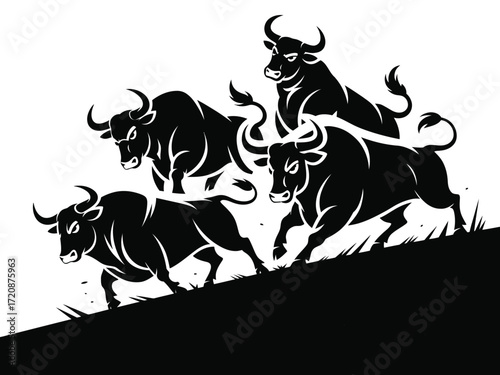 Four powerful black bull silhouettes charging forward together on a hillside with a sense of determination and strength silhouette