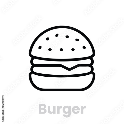 Burger icon , a simple line drawing of a classic fast food item with layers of bun, patty, and cheese, perfect for a quick meal