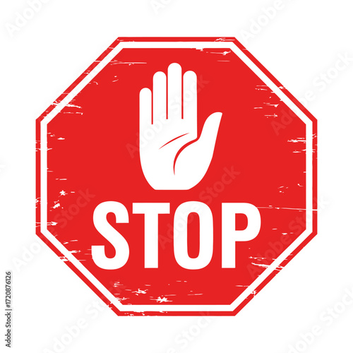Red octagon stop sign with white hand and text for traffic and safety