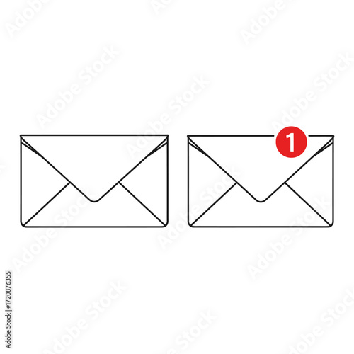Two envelopes one with unread message notification symbol for communication