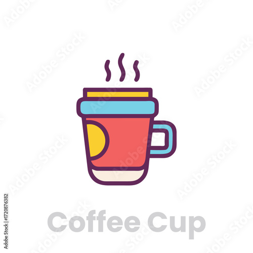 A colorful coffee cup icon with steam, perfect for a quick caffeine fix or a cozy moment of relaxation and enjoyment